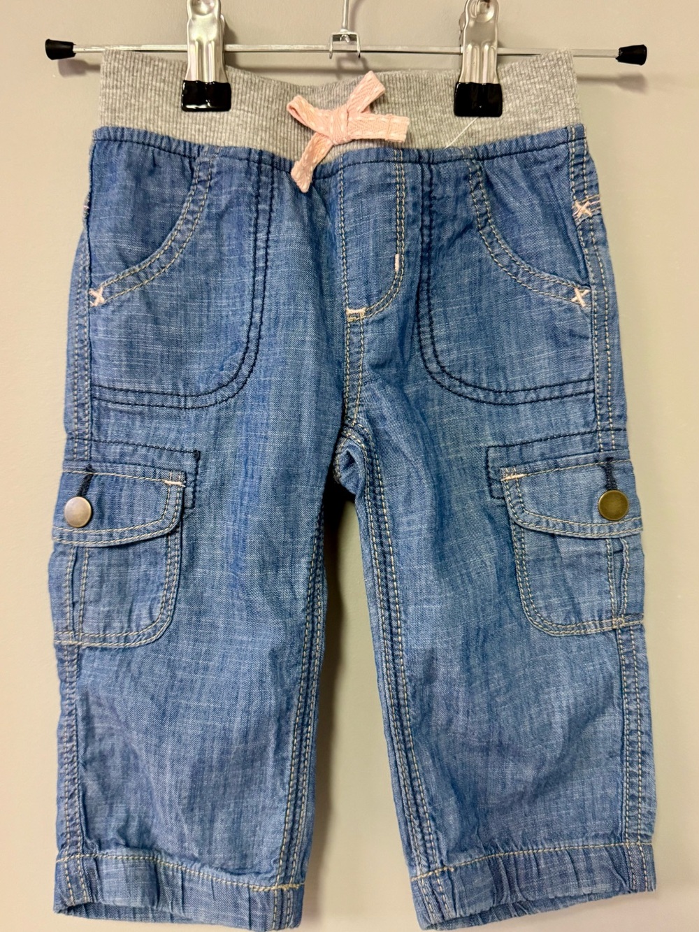 Joe Fresh Blue Denim Cargo Jogger Pants with Pink Tie